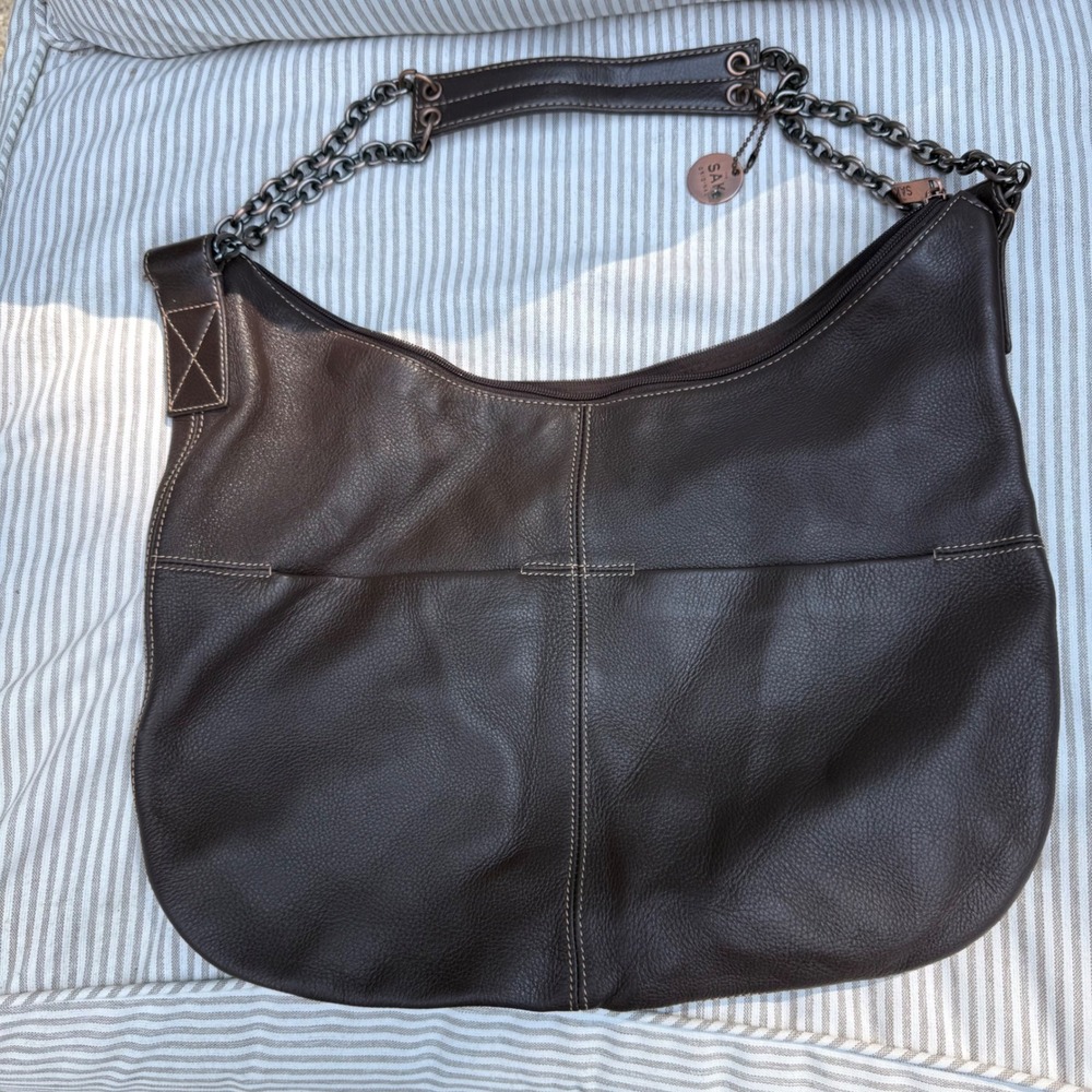 The Sak Original Brown Pebbled Leather Hobo Shoulder Bag with Chain Strap Accent